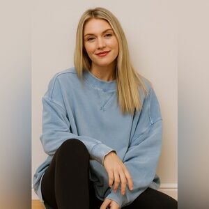 Aerie Big Chill Oversized Distressed Faded Denim Blue Sweatshirt  S NWT